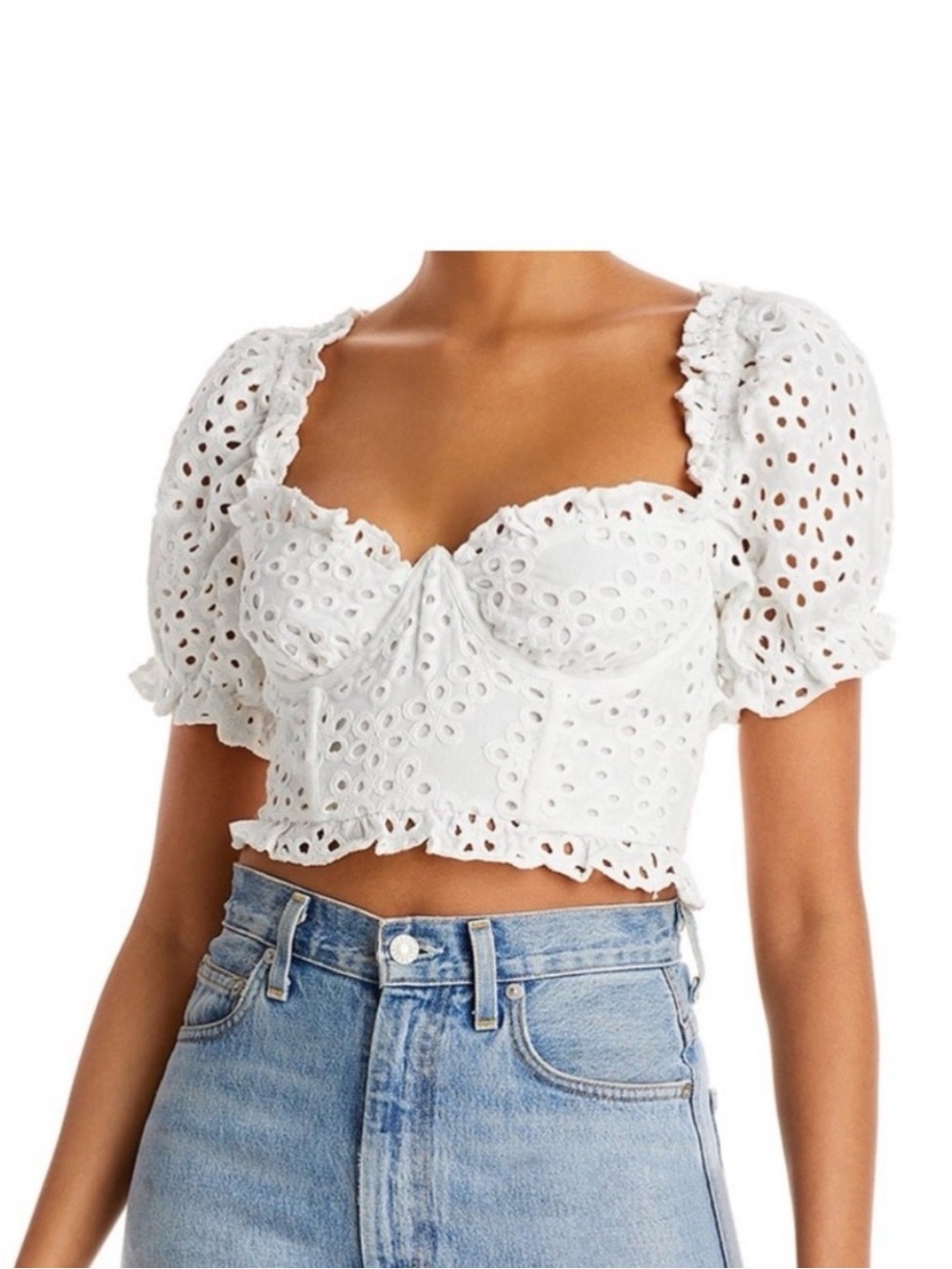 For Love & Lemons White Eyelet Puff-Sleeve Bustier Crop Top